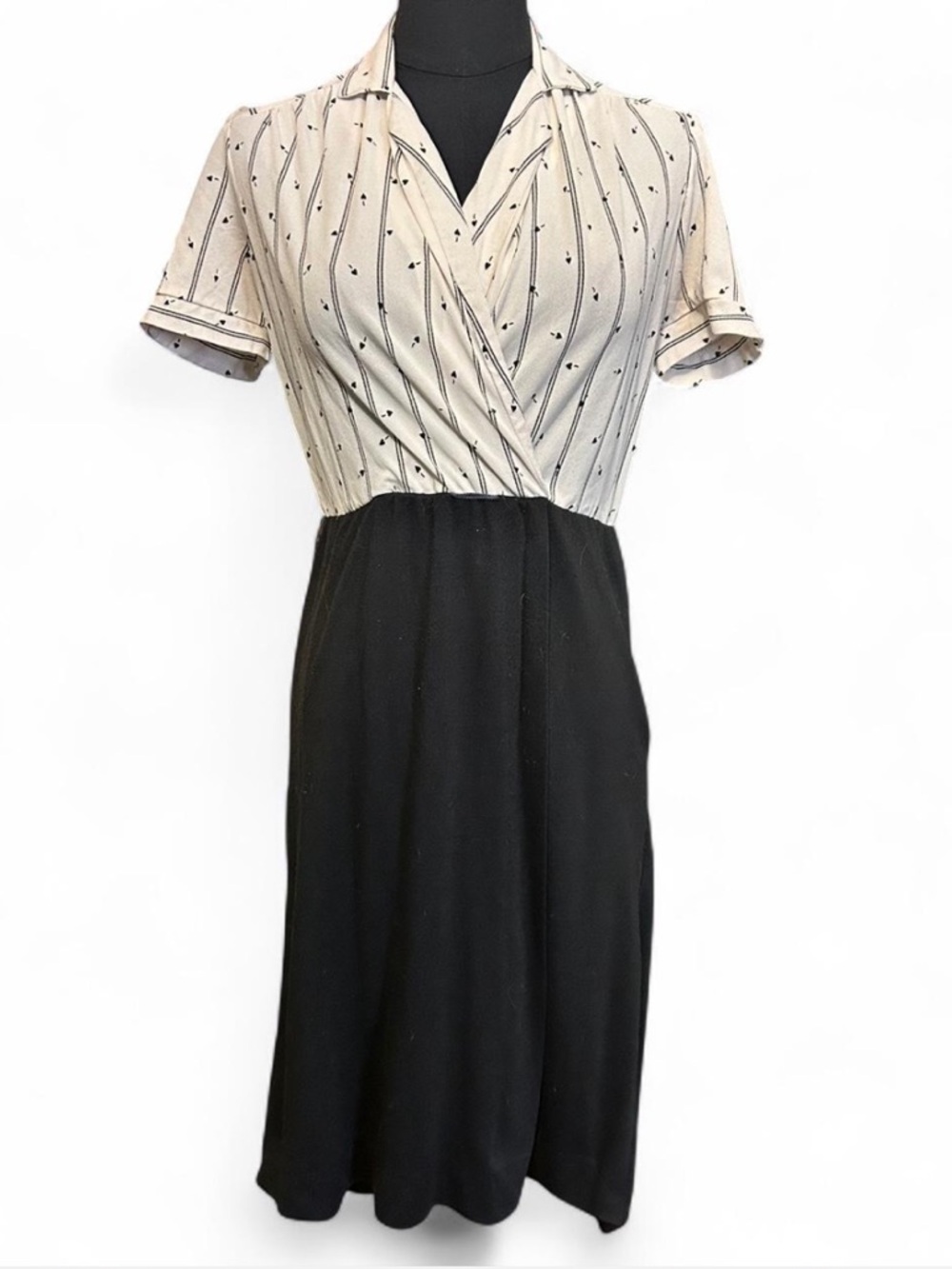 Vintage Black and White Short Sleeve Wrap-Style Dress